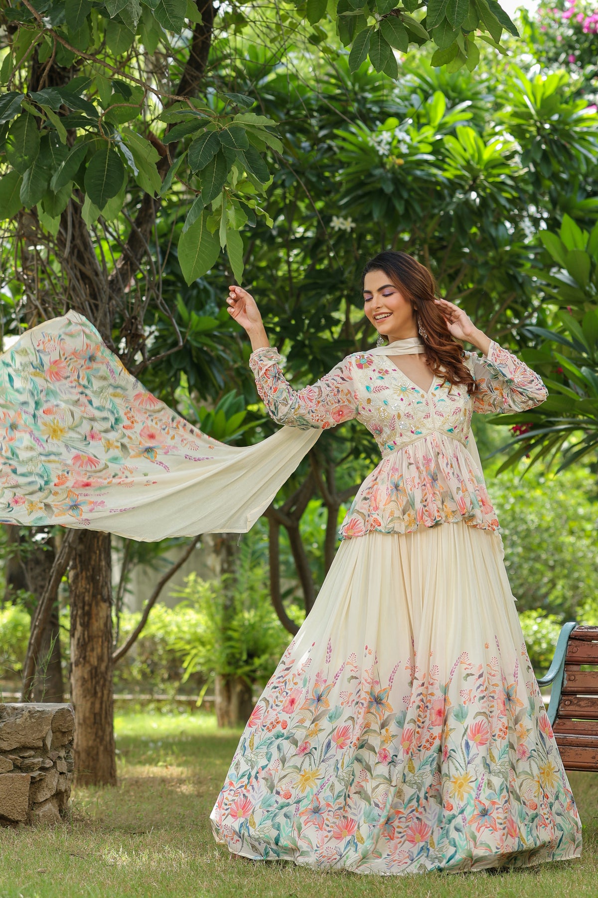 Ivory Floral Embellished Peplum Lehenga Set