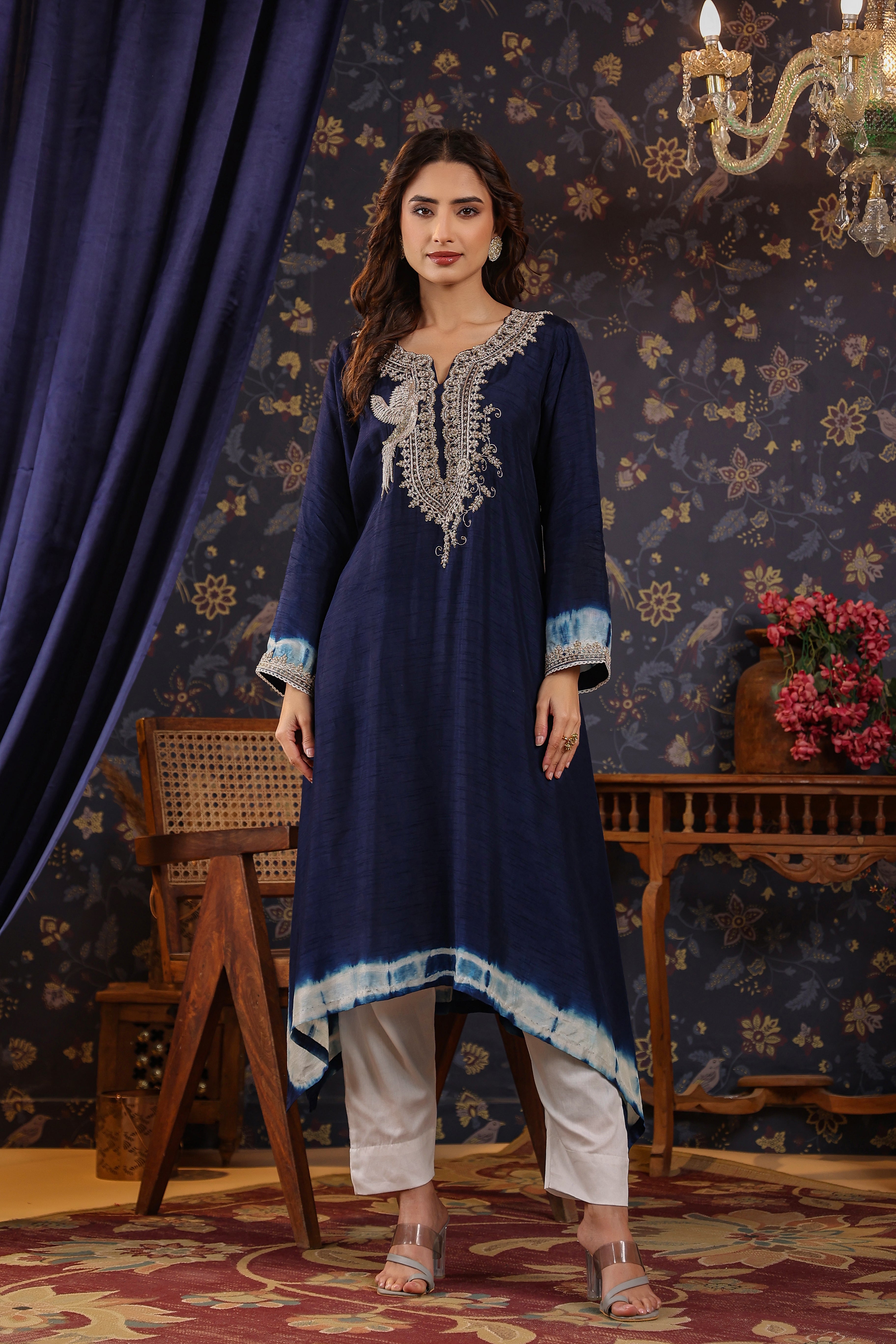 Deep Blue Embellished Raw Silk Pants Set