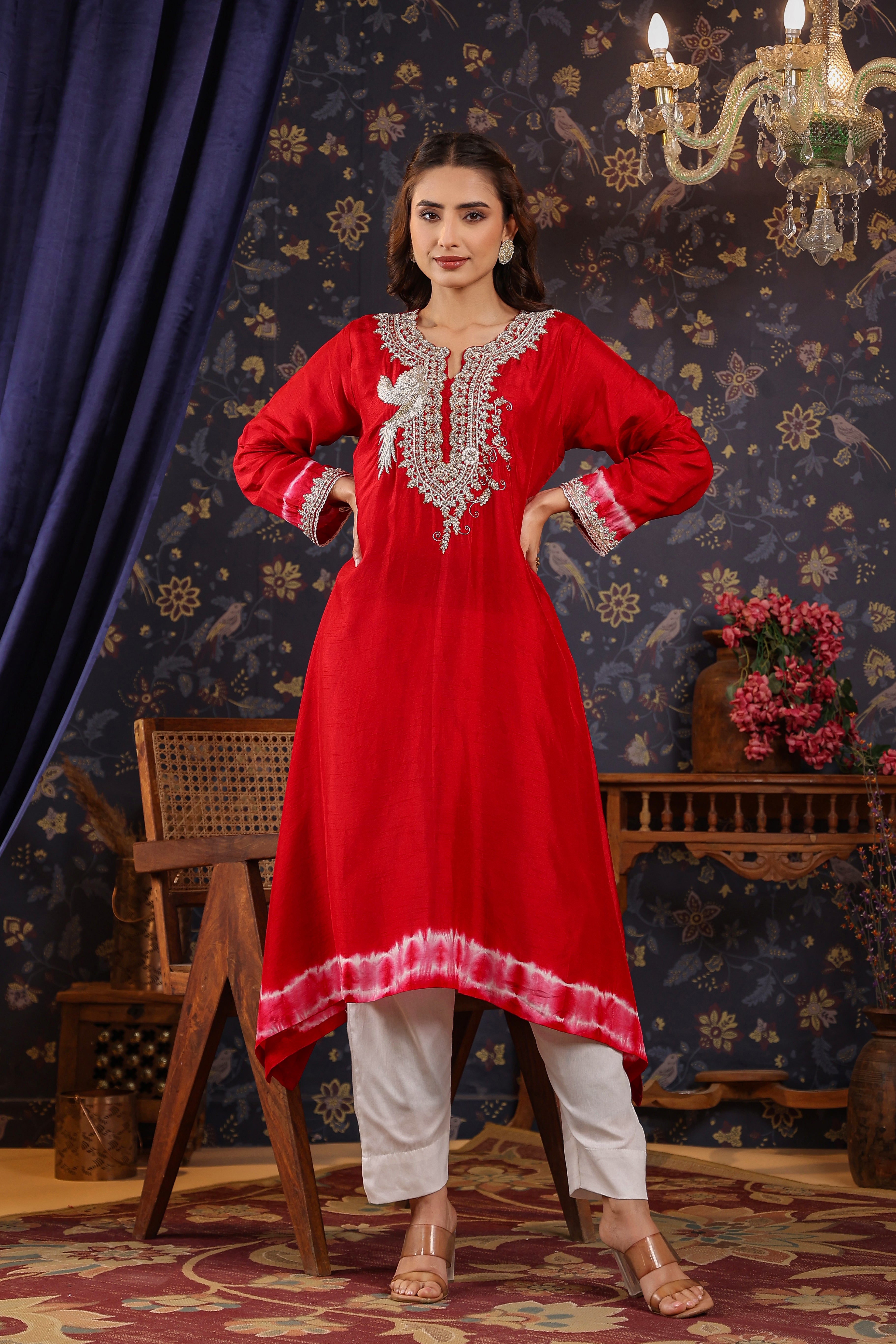 Deep Red Embellished Raw Silk Pants Set