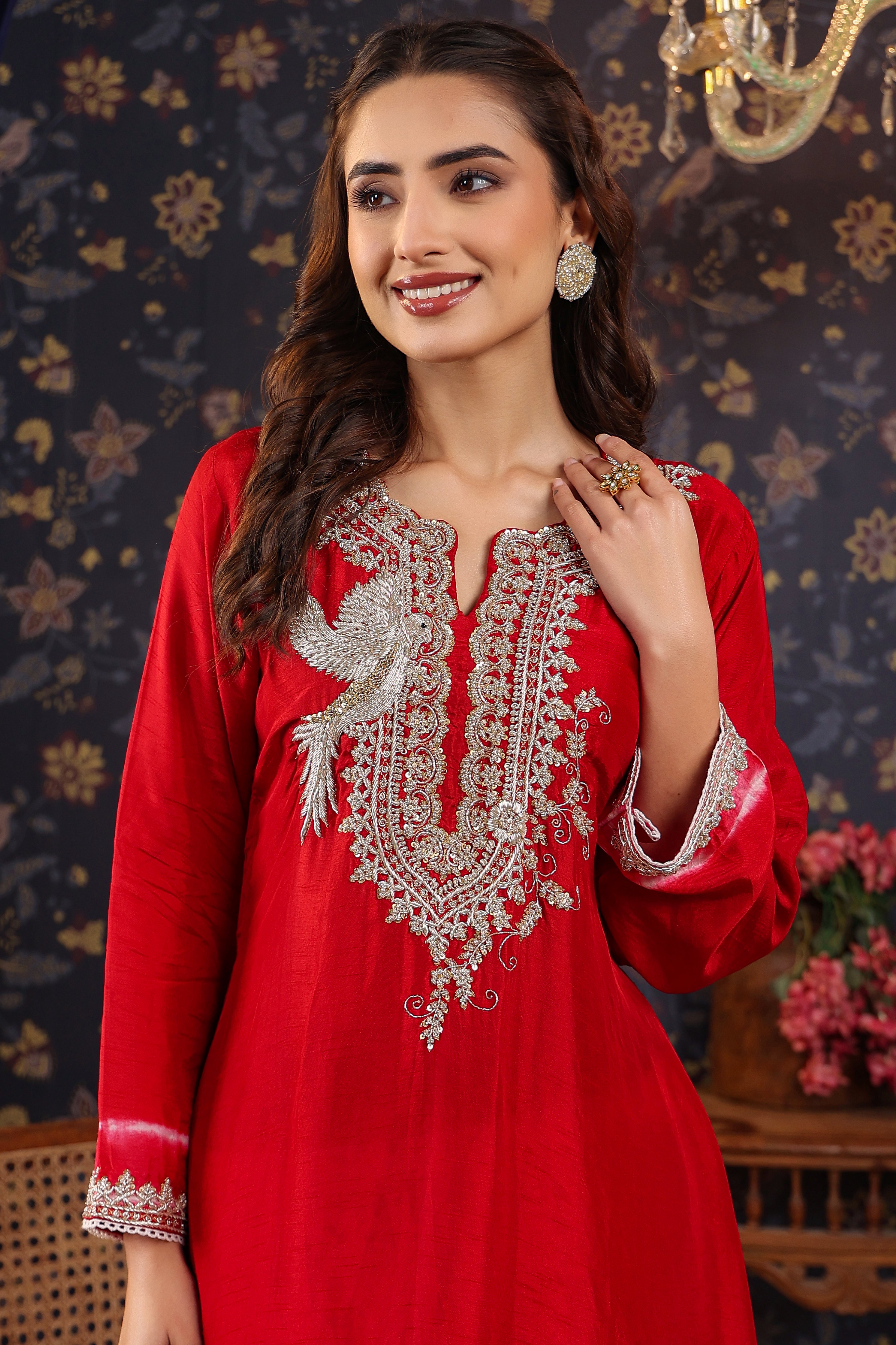 Deep Red Embellished Raw Silk Pants Set