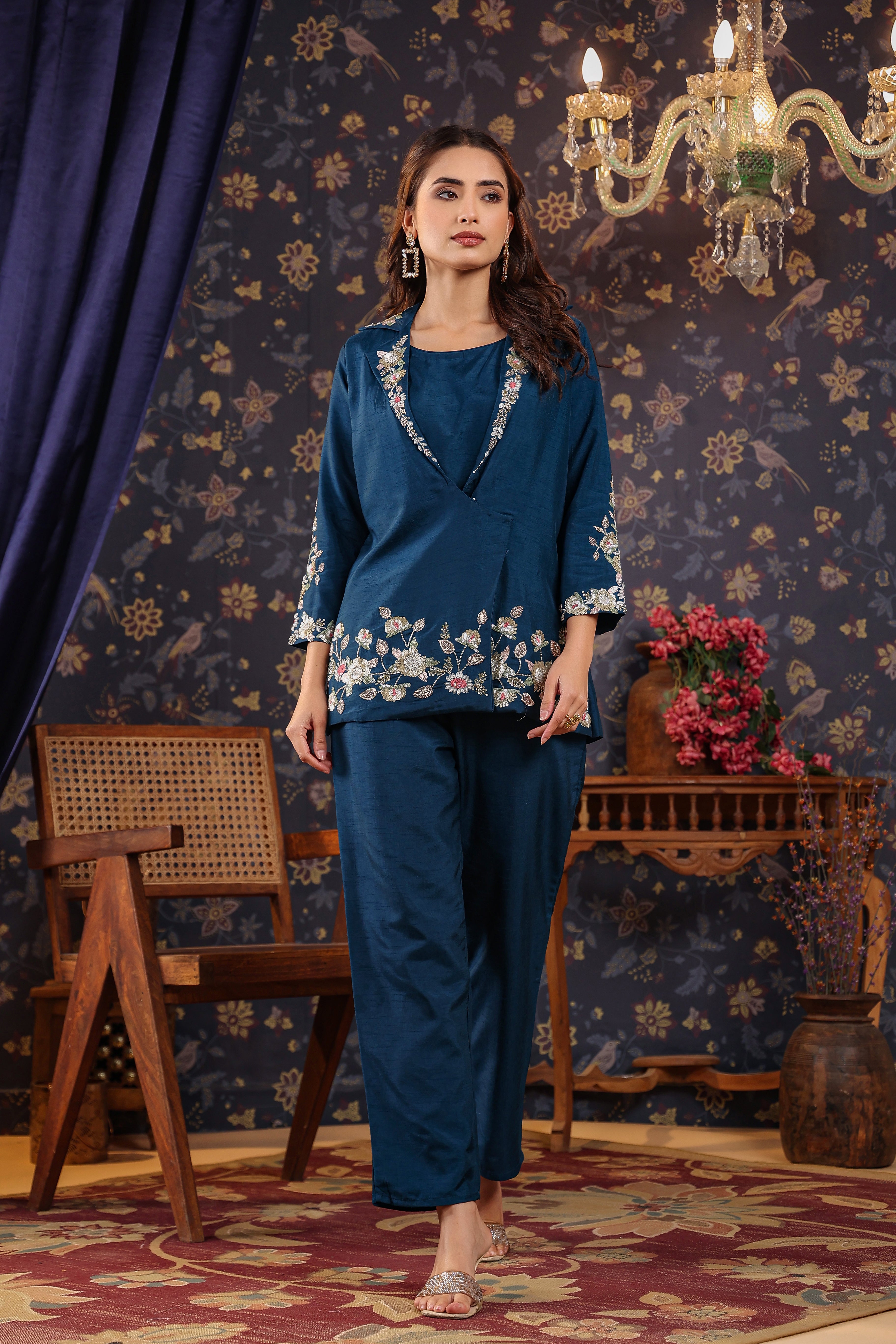 Teal Blue Embellished Raw Silk Co-Ord Set