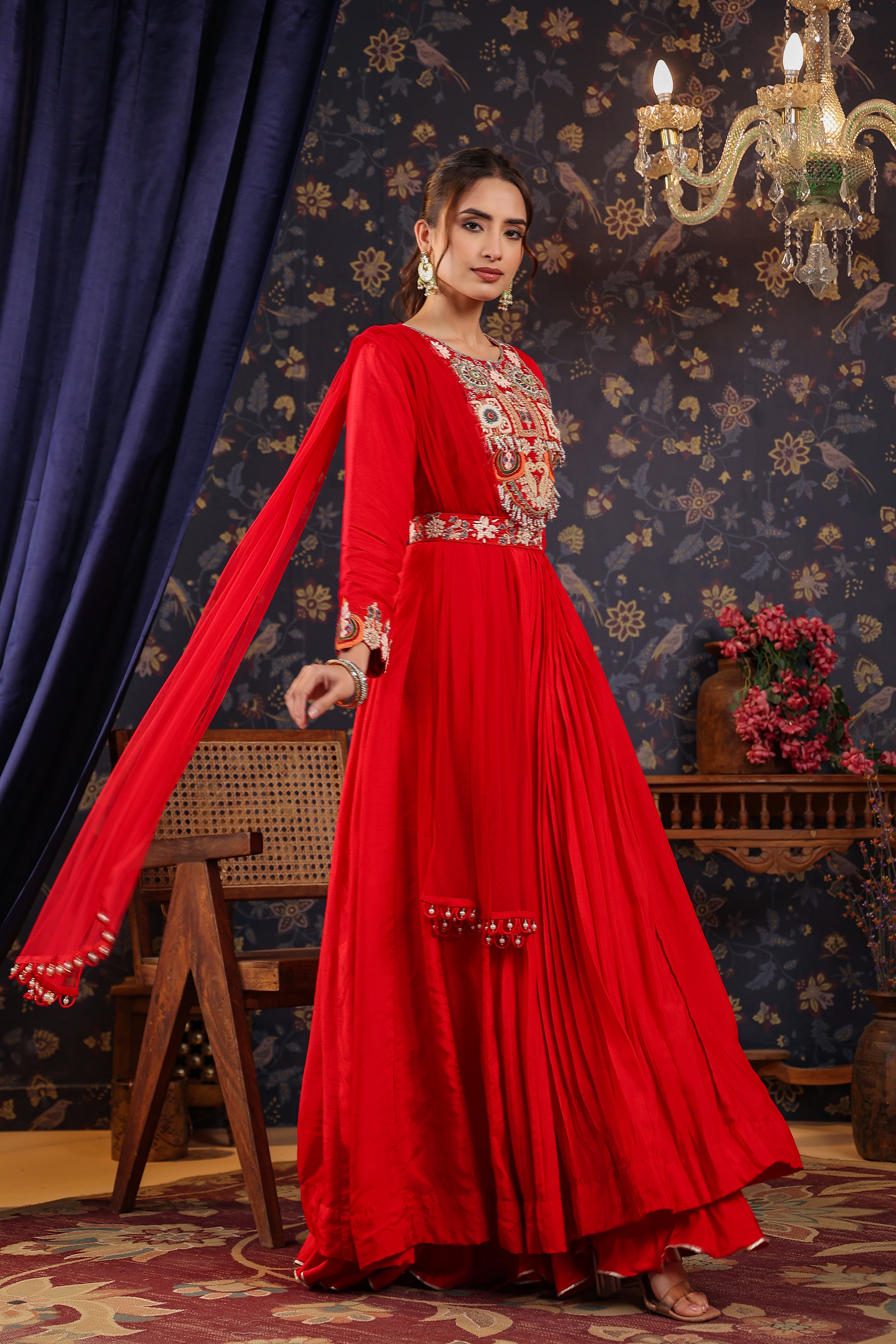Bright Red Embroidered Chanderi Silk Anarkali Set