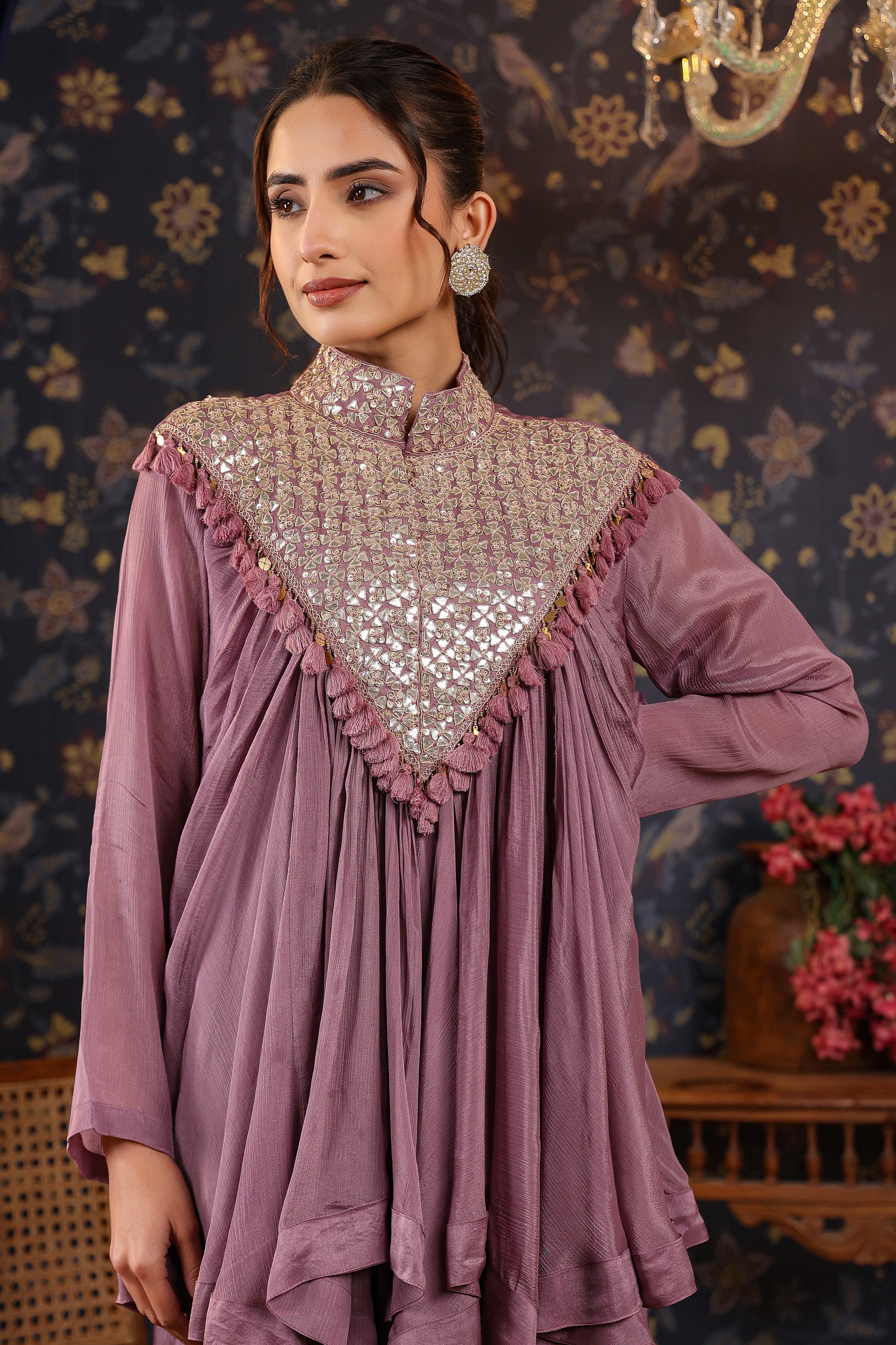 Mauve Gota Embroidered Chinon Silk Draped Skirt & Top