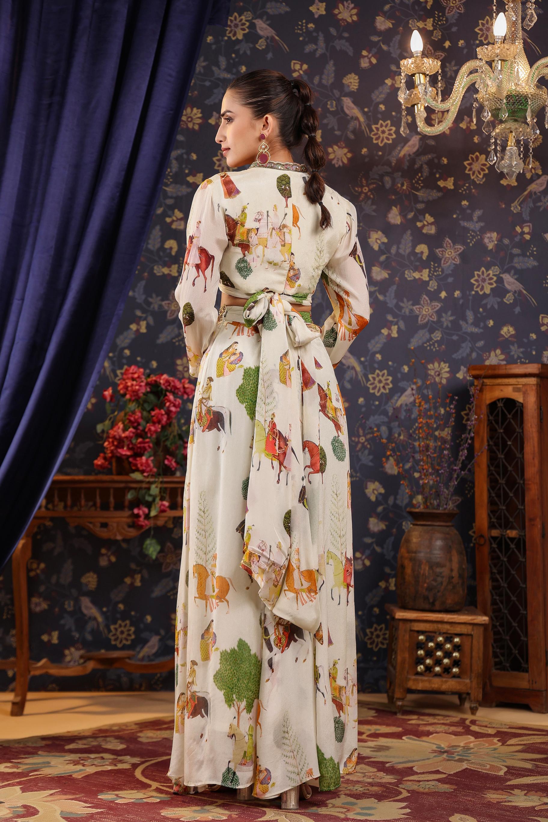 White Ethnic Printed Premium Chinon Silk Draped Palazzo Skirt Set