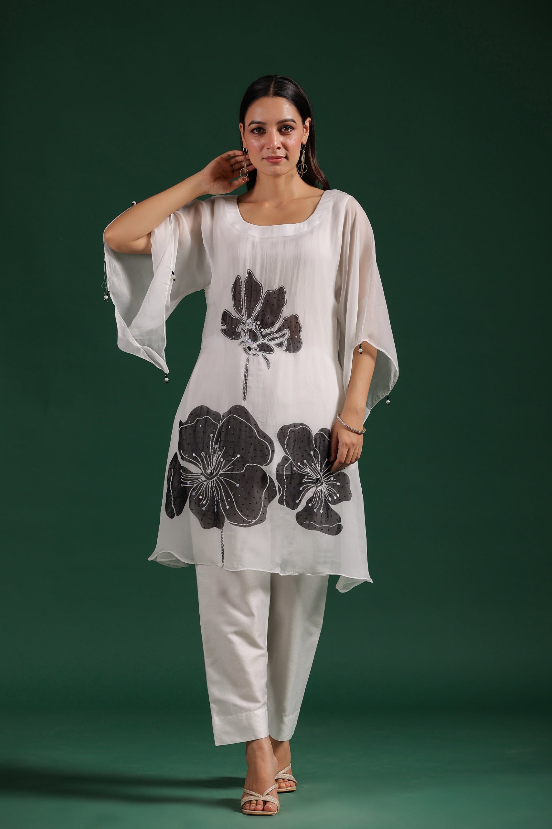 White Floral Embroidered Pants Set