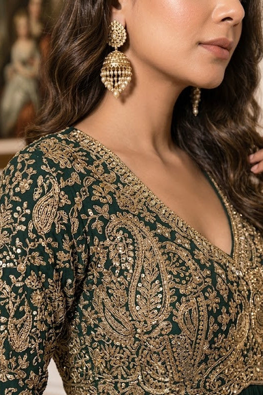Bottle Green Embellished Georgette Silk Anarkali Set