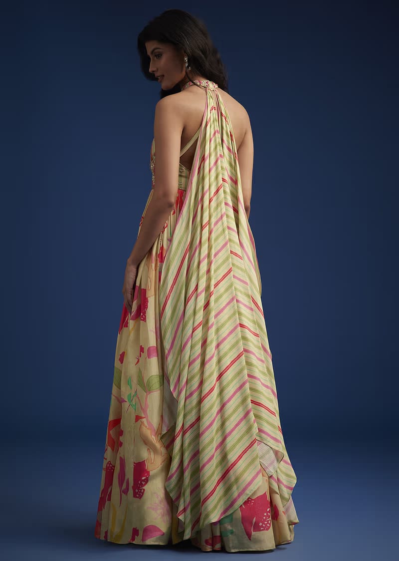 Yellow Floral Printed Chinon Silk Gown