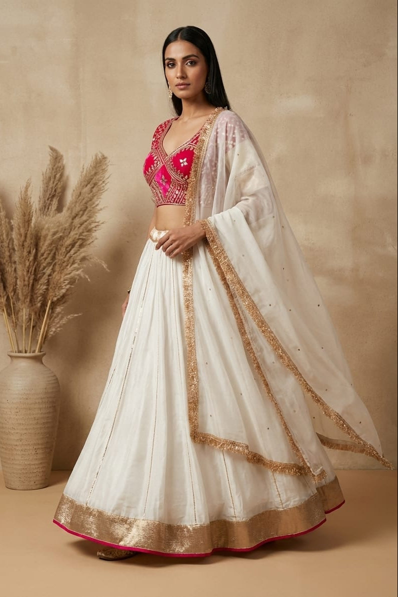 Fuchsia Ivory Embellished Premium Silk Lehenga Set