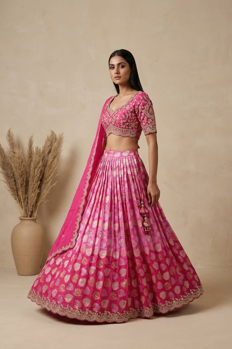 Fuchsia Heart Embellished Satin Silk Lehenga Set