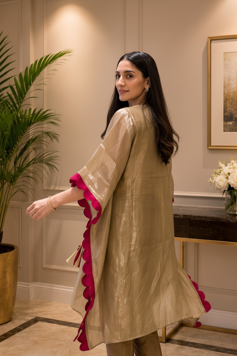 Pink Shine Embellished Shimmer Tissue Silk Kaftan Set