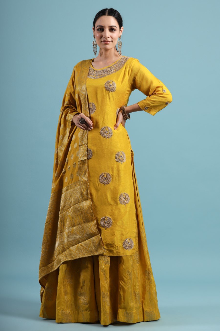 Bright Yellow Kurti with Golden Gota top Work