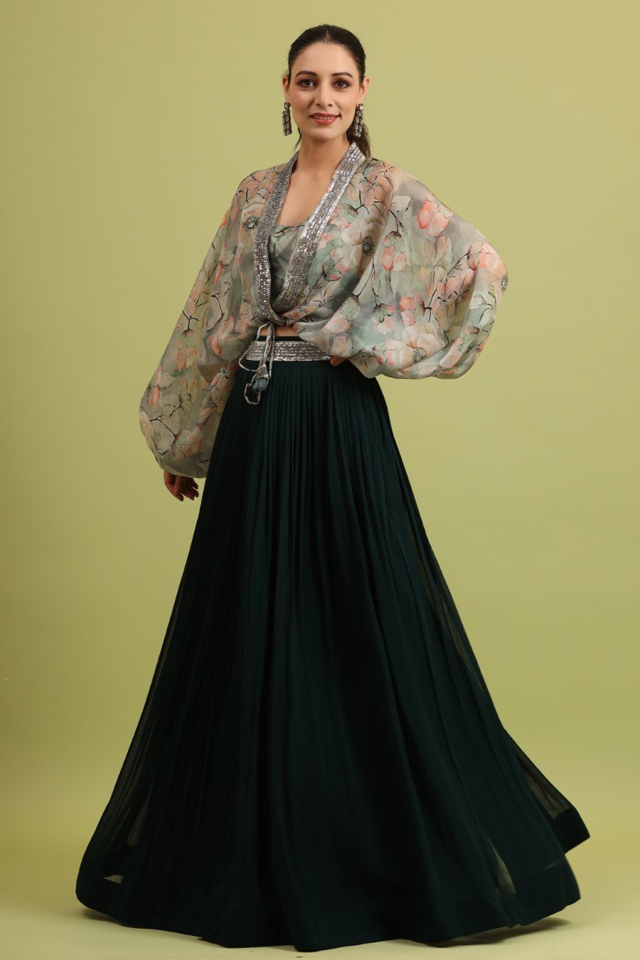 Soft Green Embellished Cape &amp; Blouse with Teal Pleated Skirt