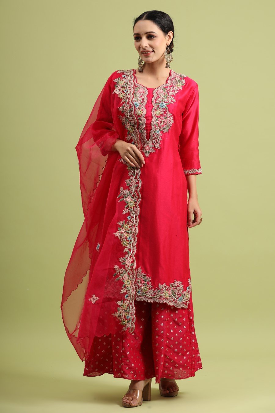 Red Modal Chanderi Embroidered Palazzo Set