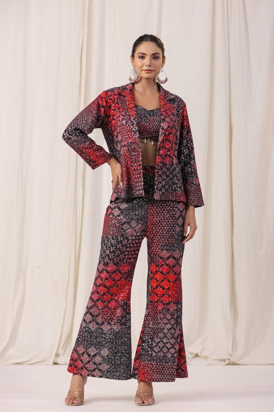 Black Red Printed & Embellsihed Co-ord Set with jacket