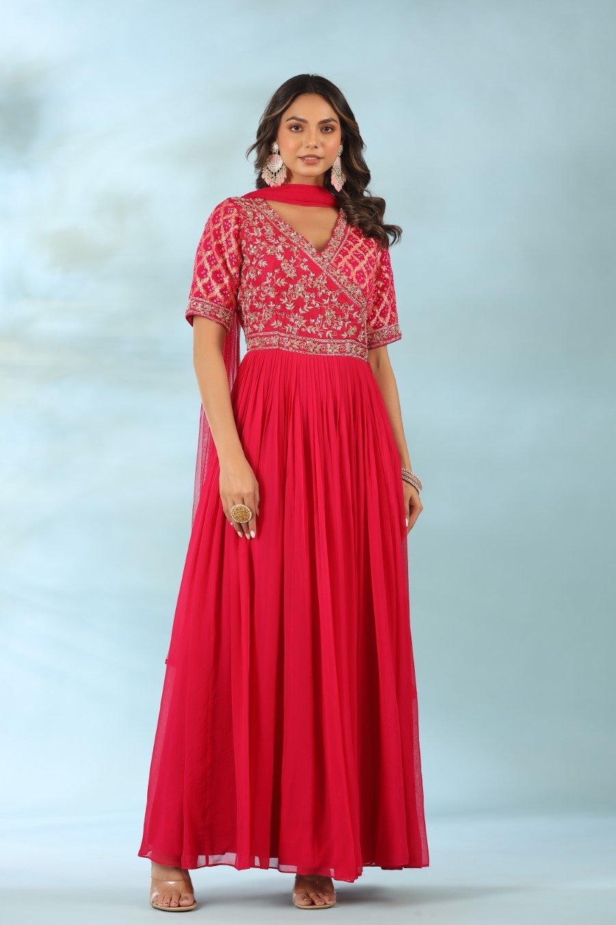 Deep Pink Hand Embriodered Anarkali with Dupatta