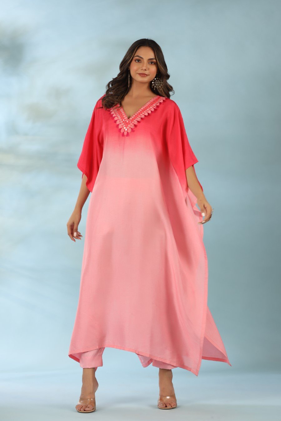 Pink Ombre Mirror Embroidered Kaftan With Pants