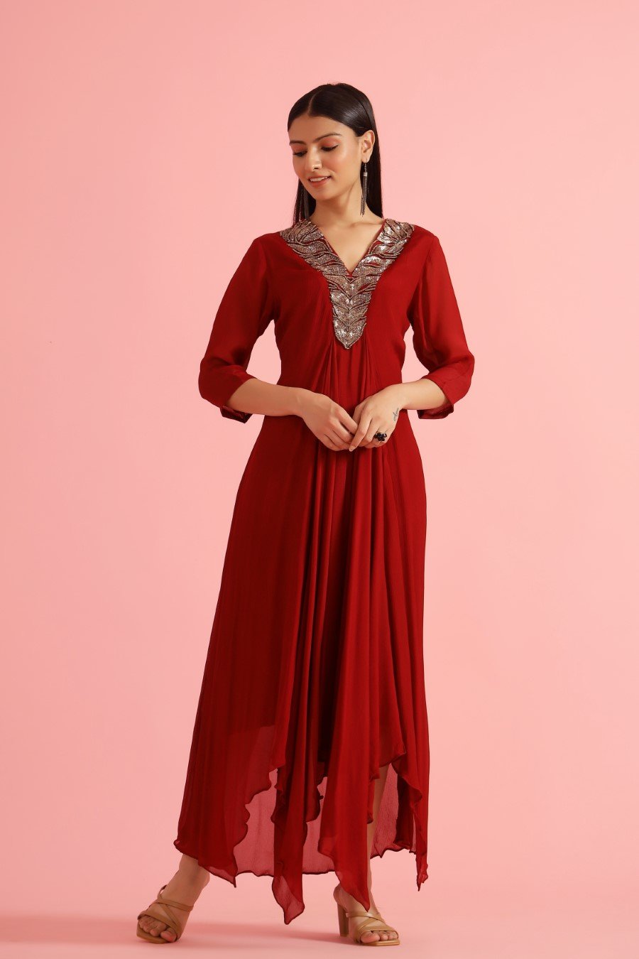 Scarlet Red Pure Chinon Asymmetrical Dress
