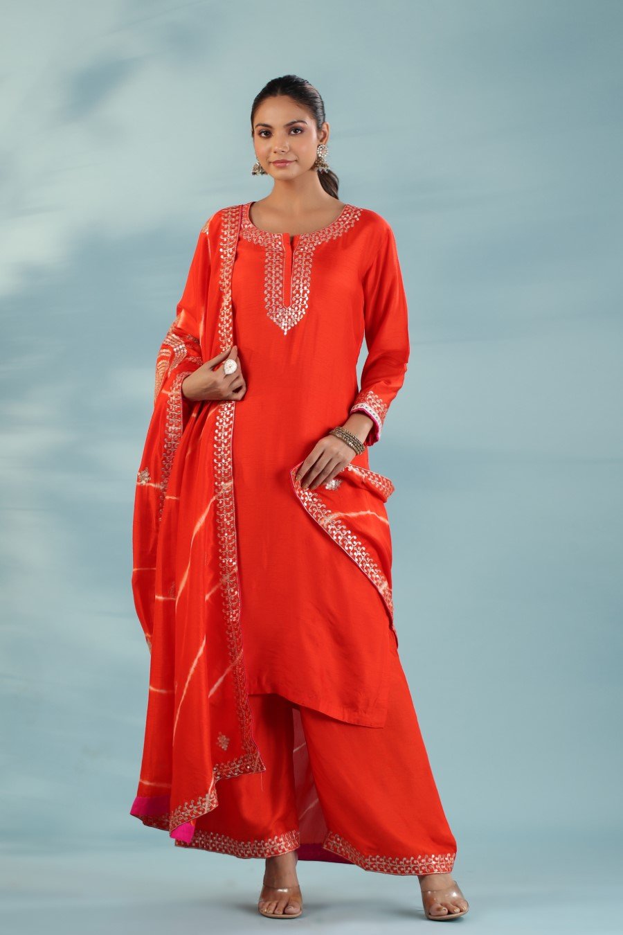 Orange Chanderi Silk Embroidered Kurta Palazzo Set