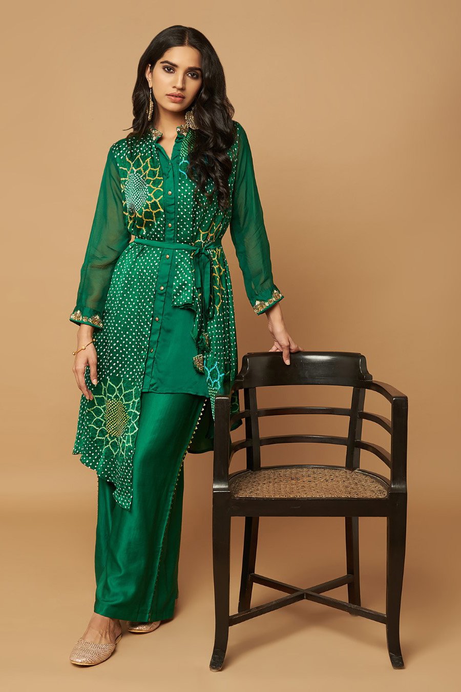 Emerald Green Gajji Silk Bias Tunic With Palazzo