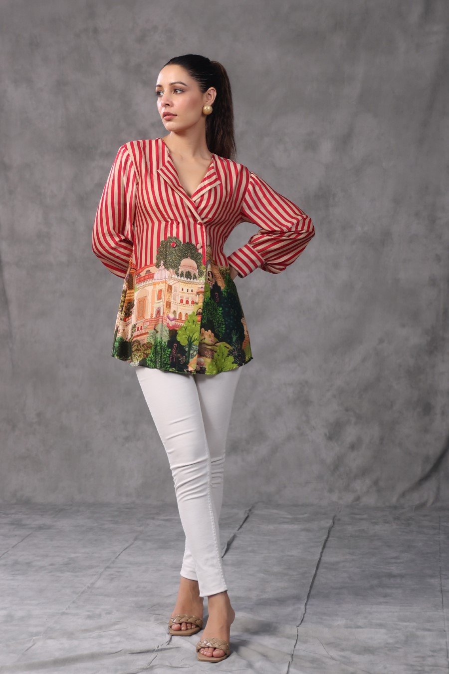 Red Striped Digital Printed Modal Satin Top