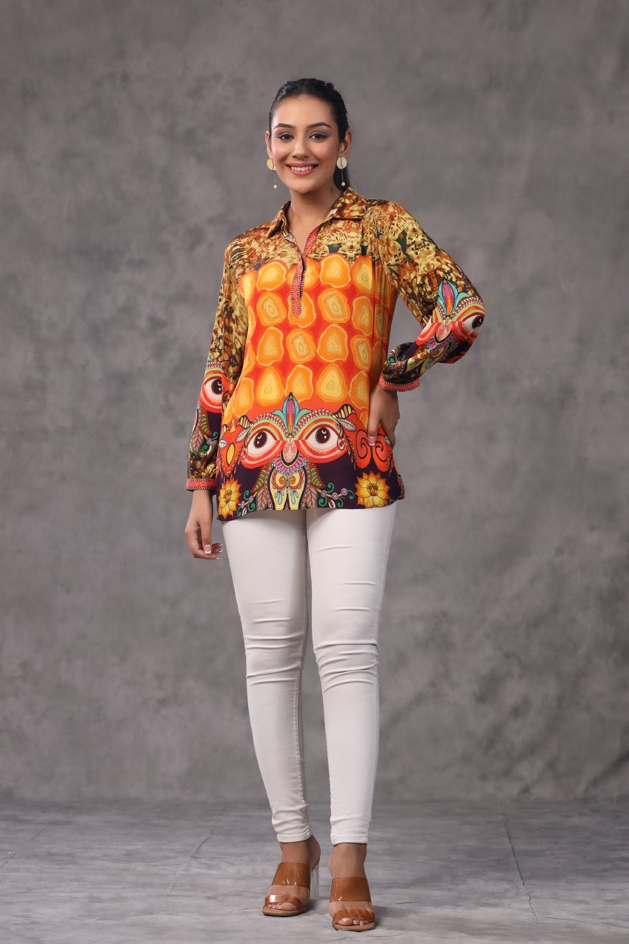 Orange Tribal Digital Printed Spanish Crepe Top