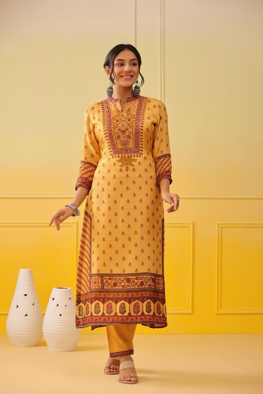 Yellow Ethnic Tussar Silk Kurta with Pant