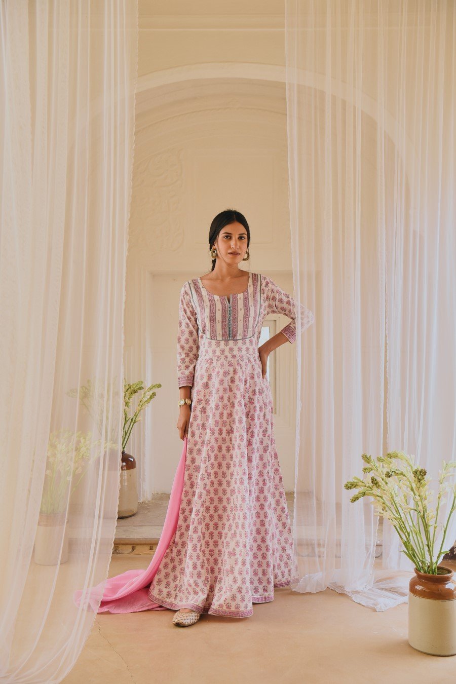 Powder Pink Block Printed Anarkali Kurta Set