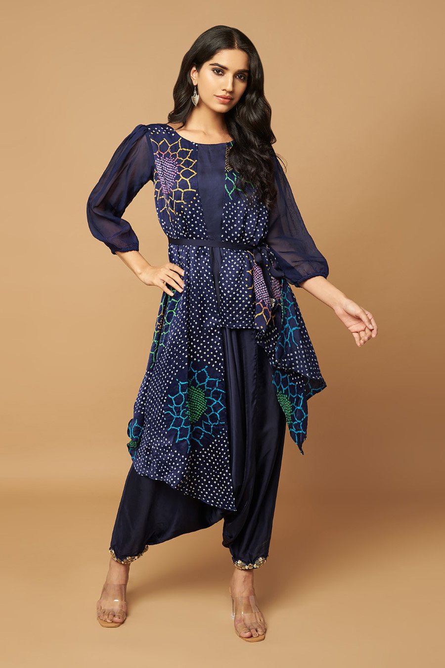 Midnight Blue Bandhani Cape With Cowl Jumpsuit