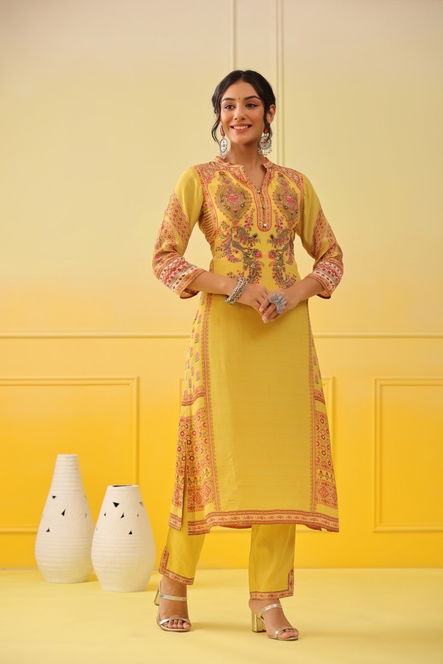 Yellow Printed Tussar Silk Kurta with Pant