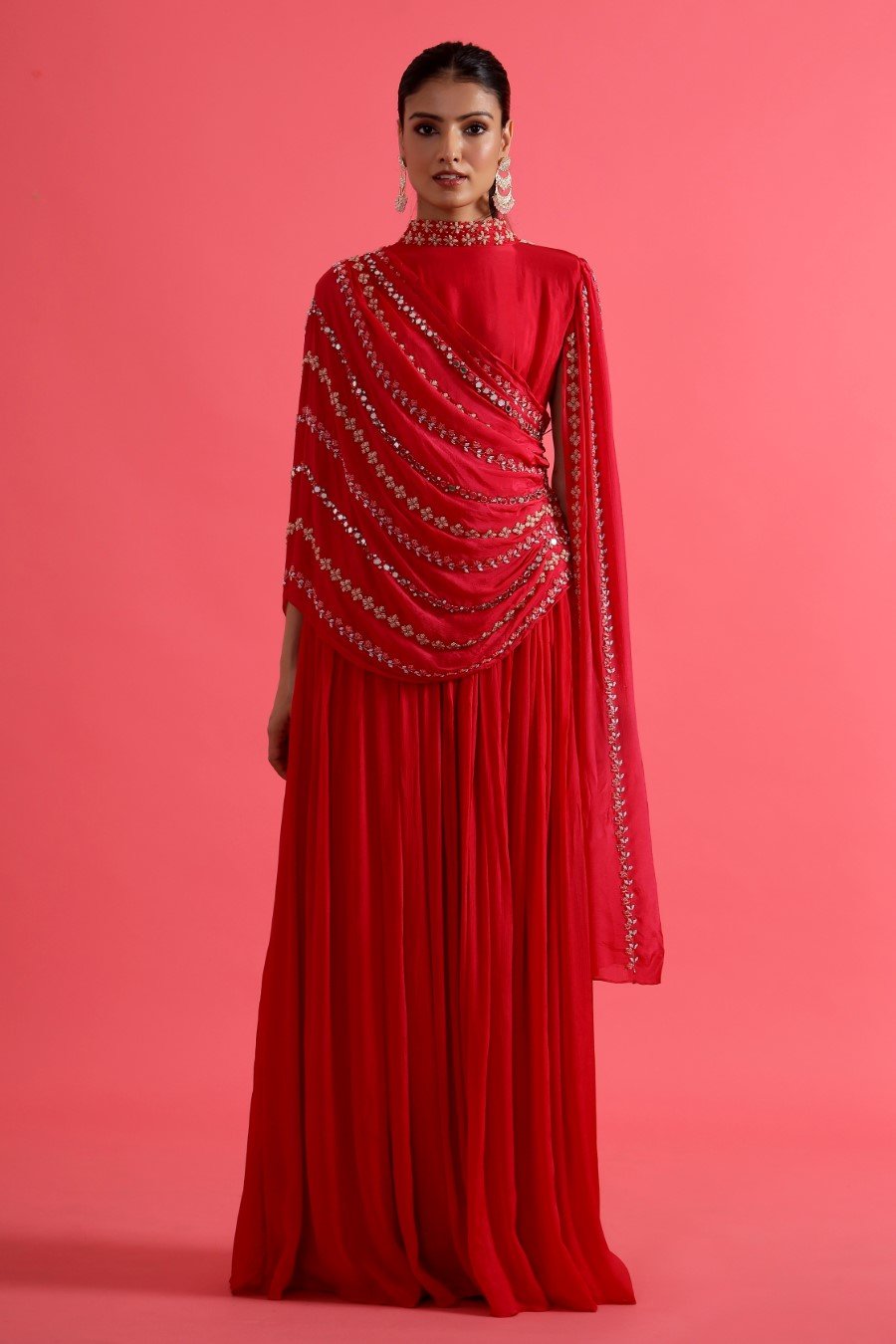 Reddish Pink Embellished & Draped Chinon Silk Gown
