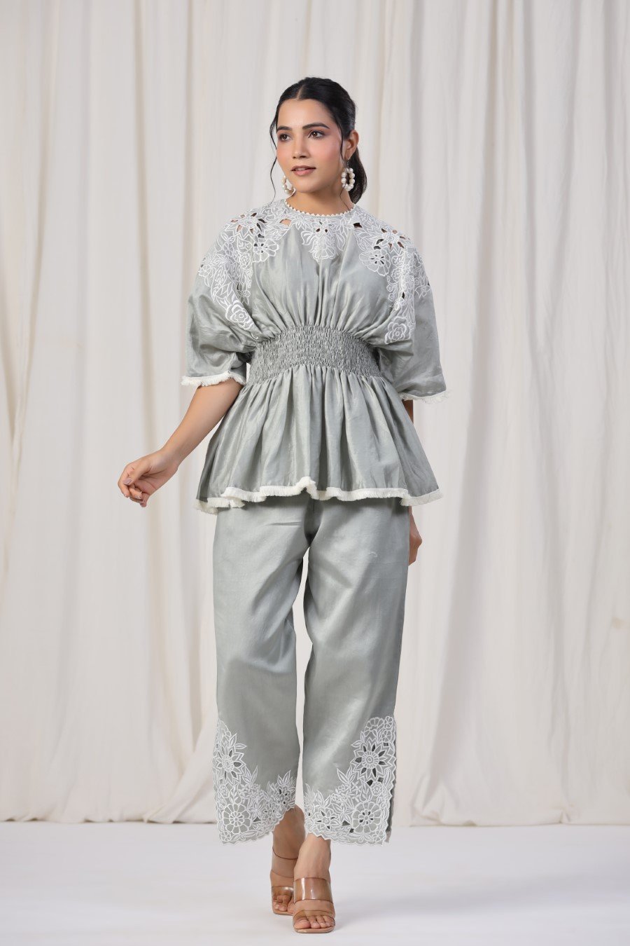 Powder Grey Embroidered Lotus Silk Co-ord Set