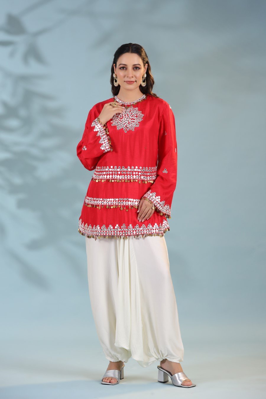 Cherry Red Mirror Embellished Tunic with Harem Pants