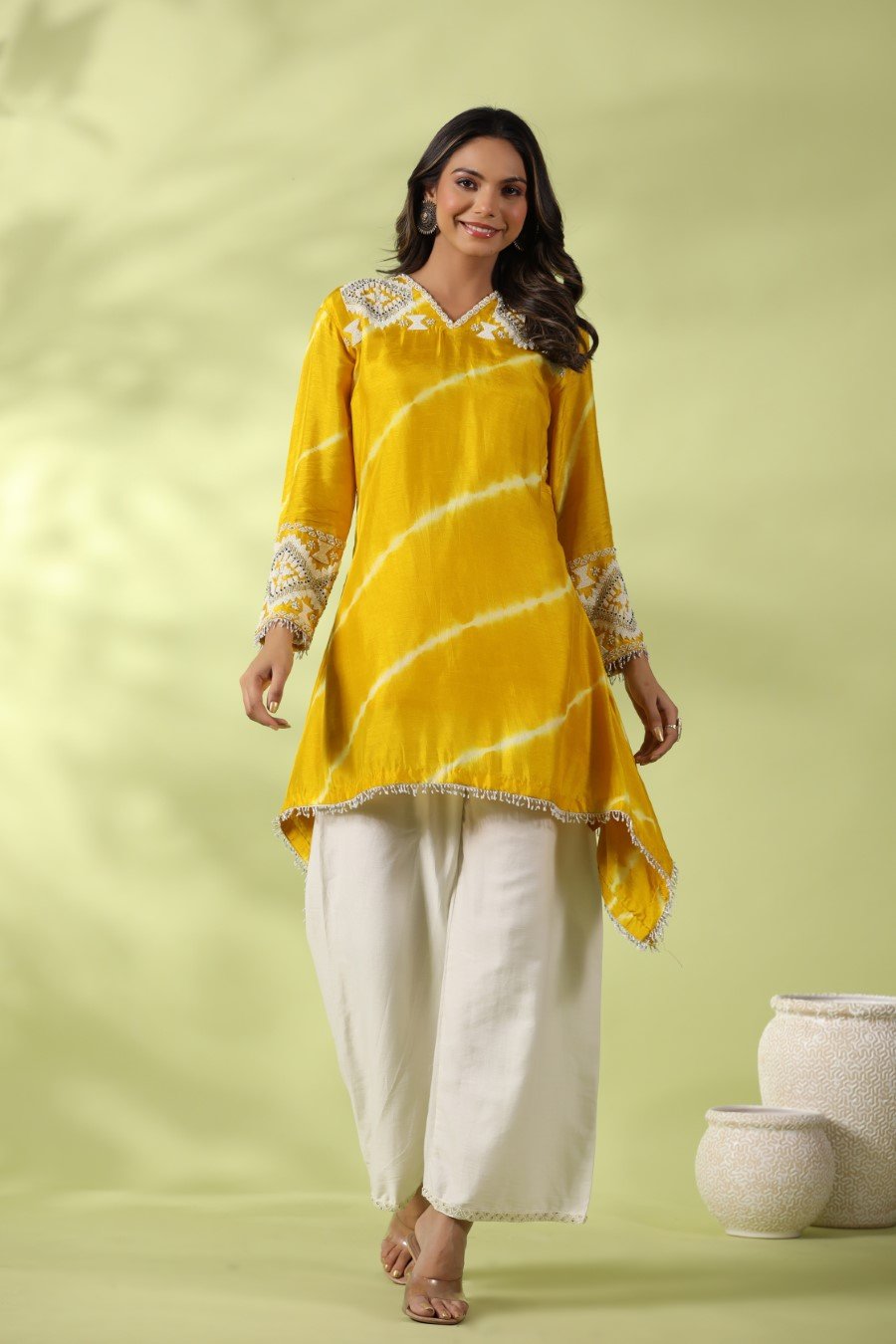 Yellow Tie-dyed &amp; Embroidered Asymmetrical Kurta with Palazzo