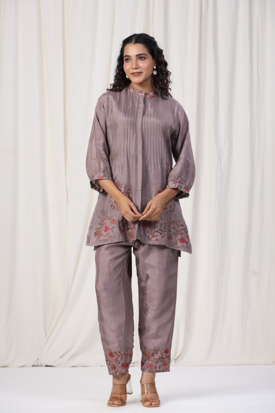 Grey Tussar Silk Kantha Embroidered Co-Ord Set