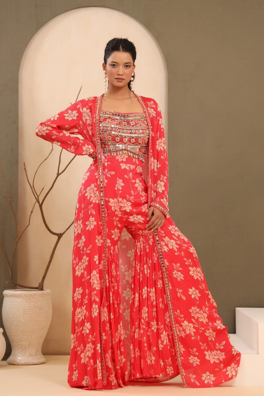 Bright Pink Embellished & Printed Sharara with Cape