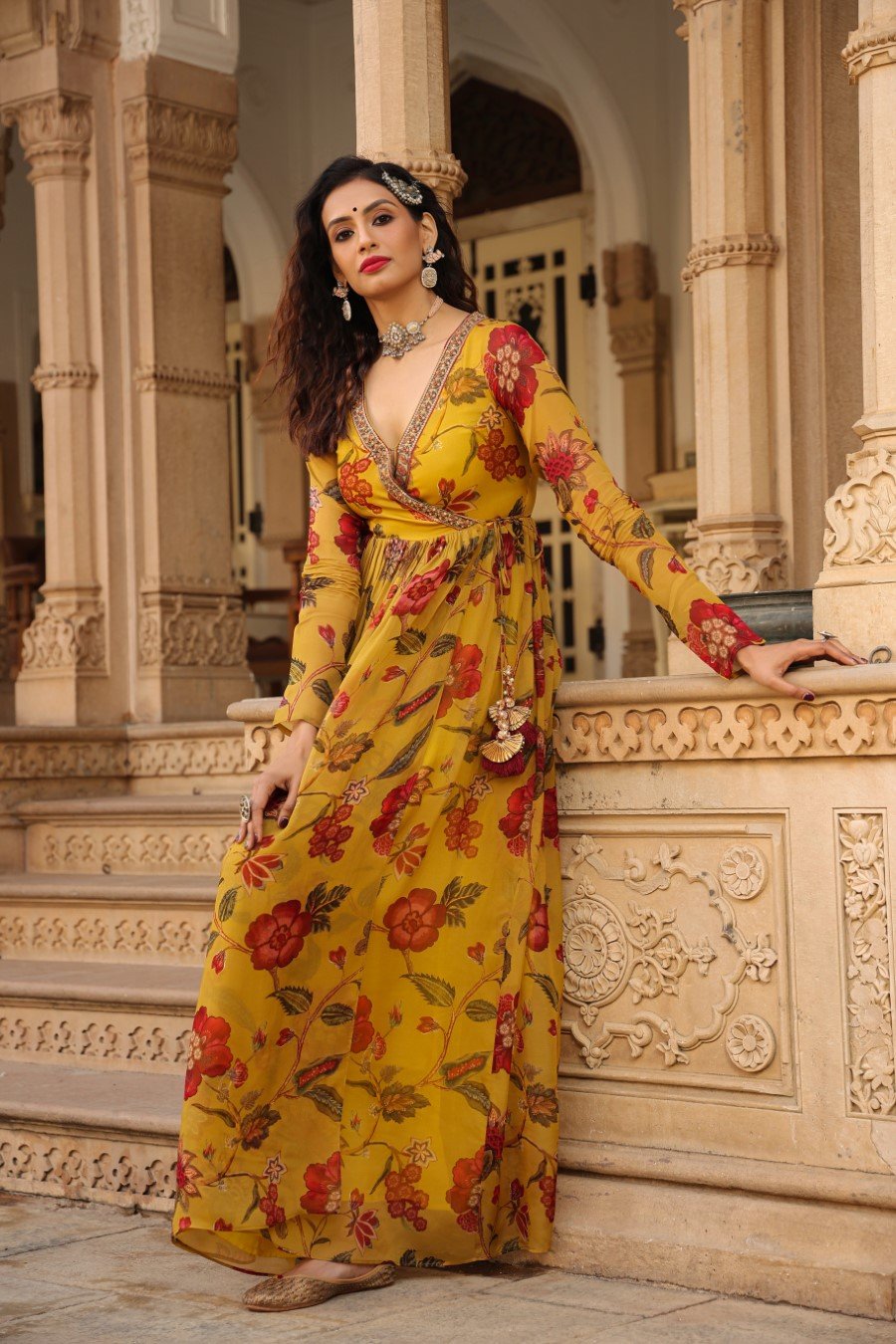 Mustard Floral Angrakha Georgette Silk Gown