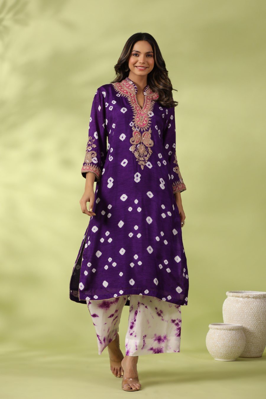 Purple Bandhej & Zari Embroidered Kurta with Palazzo