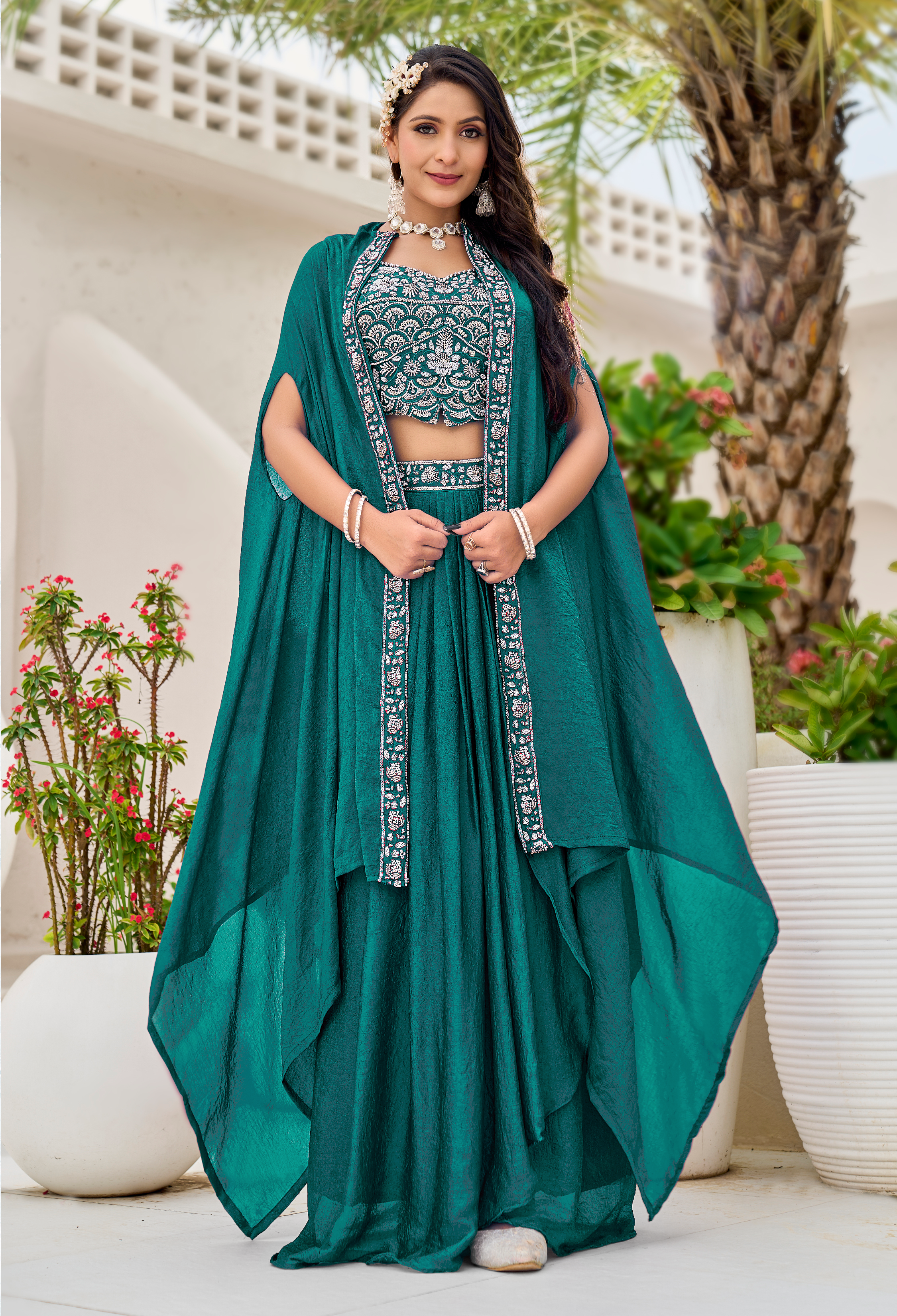 Sea Green Embellished Crushed Tissue Silk Cape Set