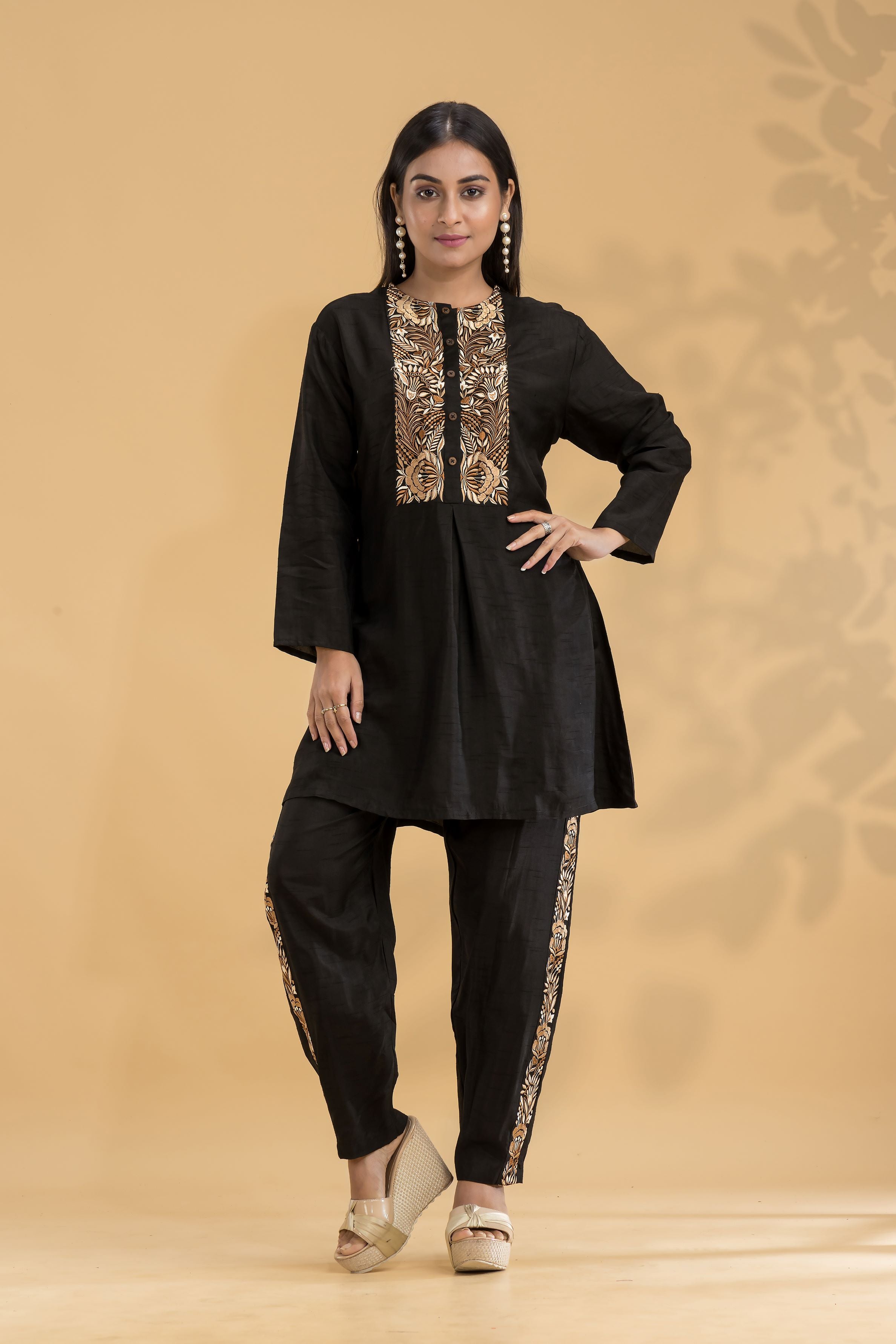 Black Embroidered Raw Silk Co-Ord Set