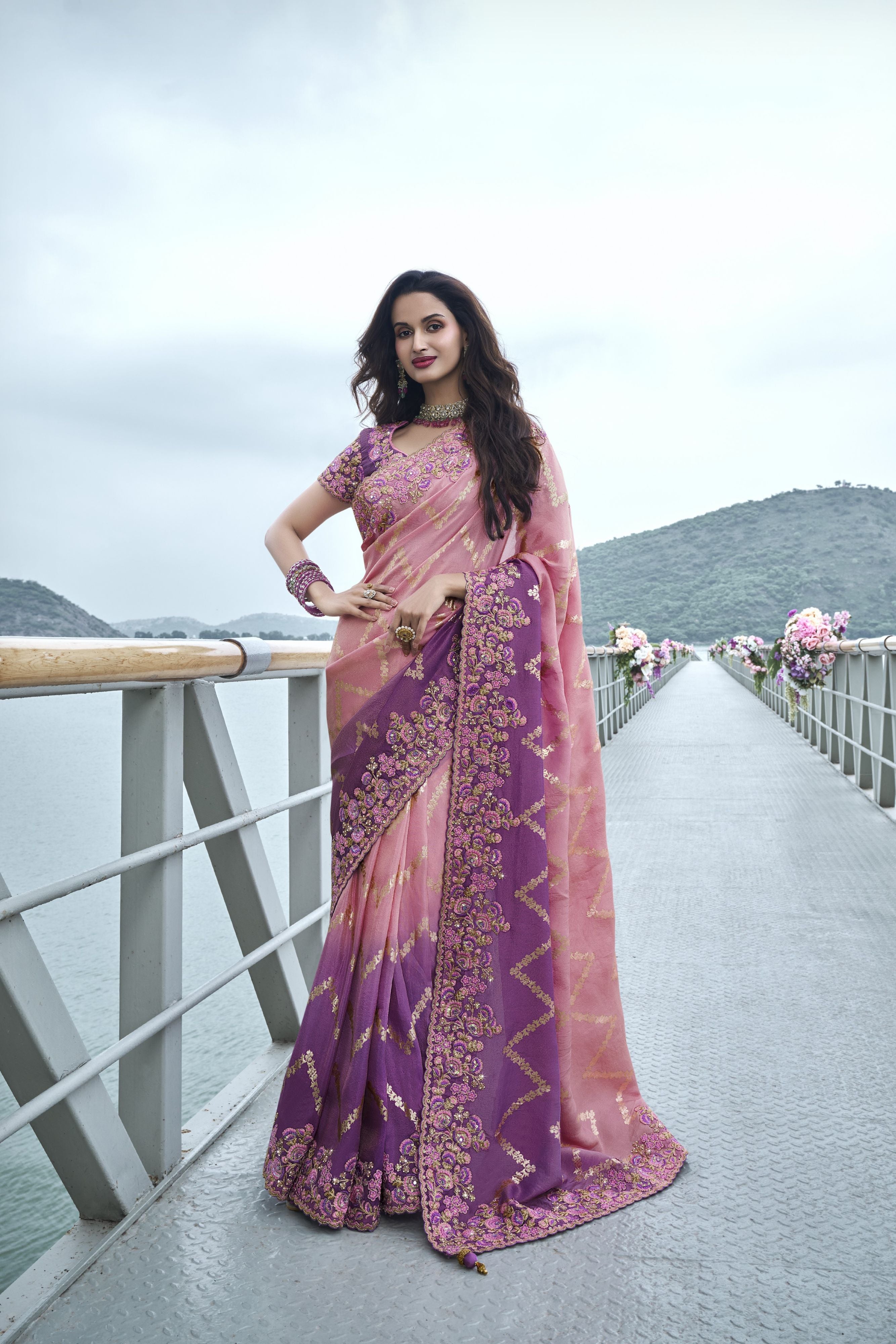Pink Ombre-Dyed Tissue Silk Saree
