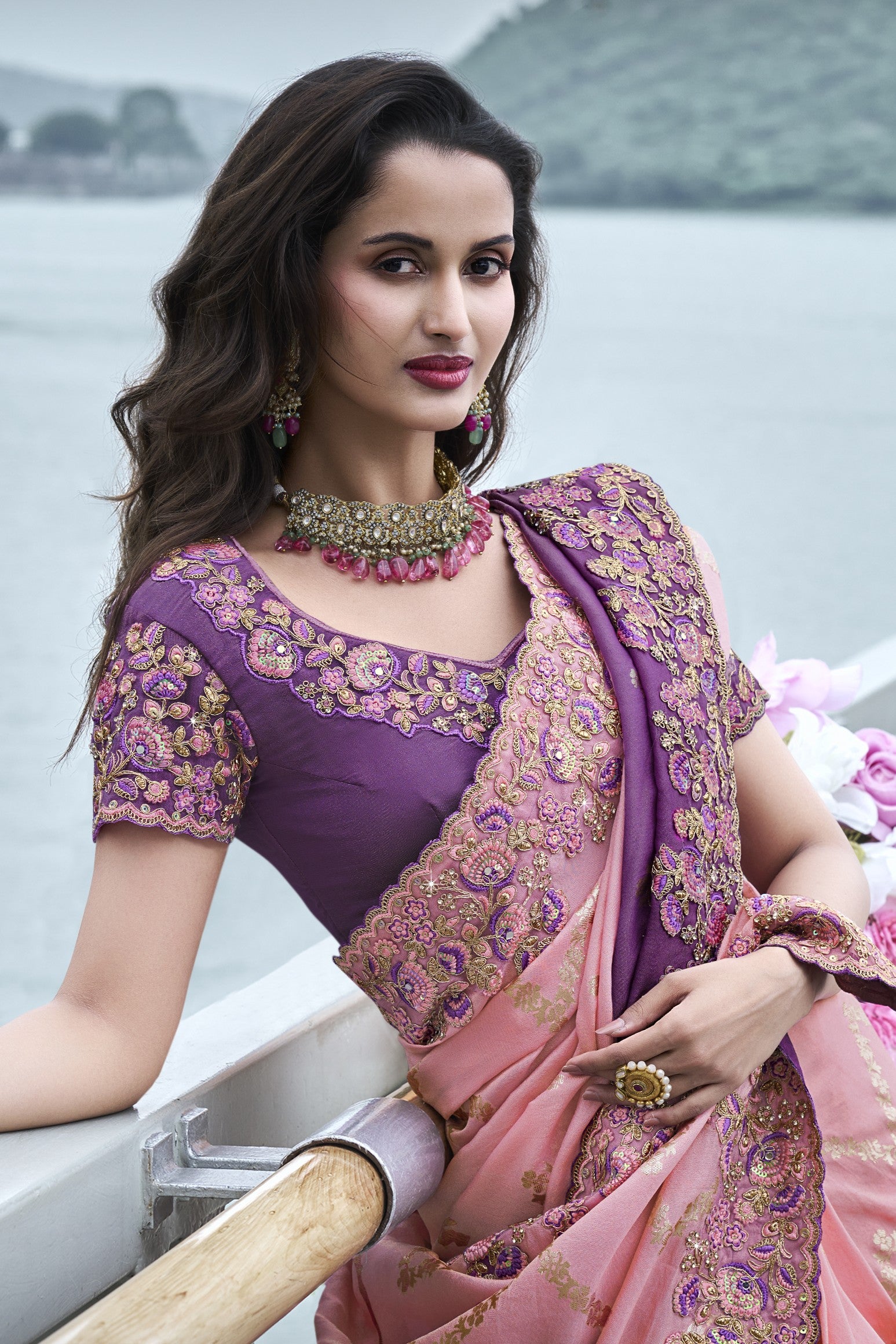 Pink Ombre-Dyed Tissue Silk Saree