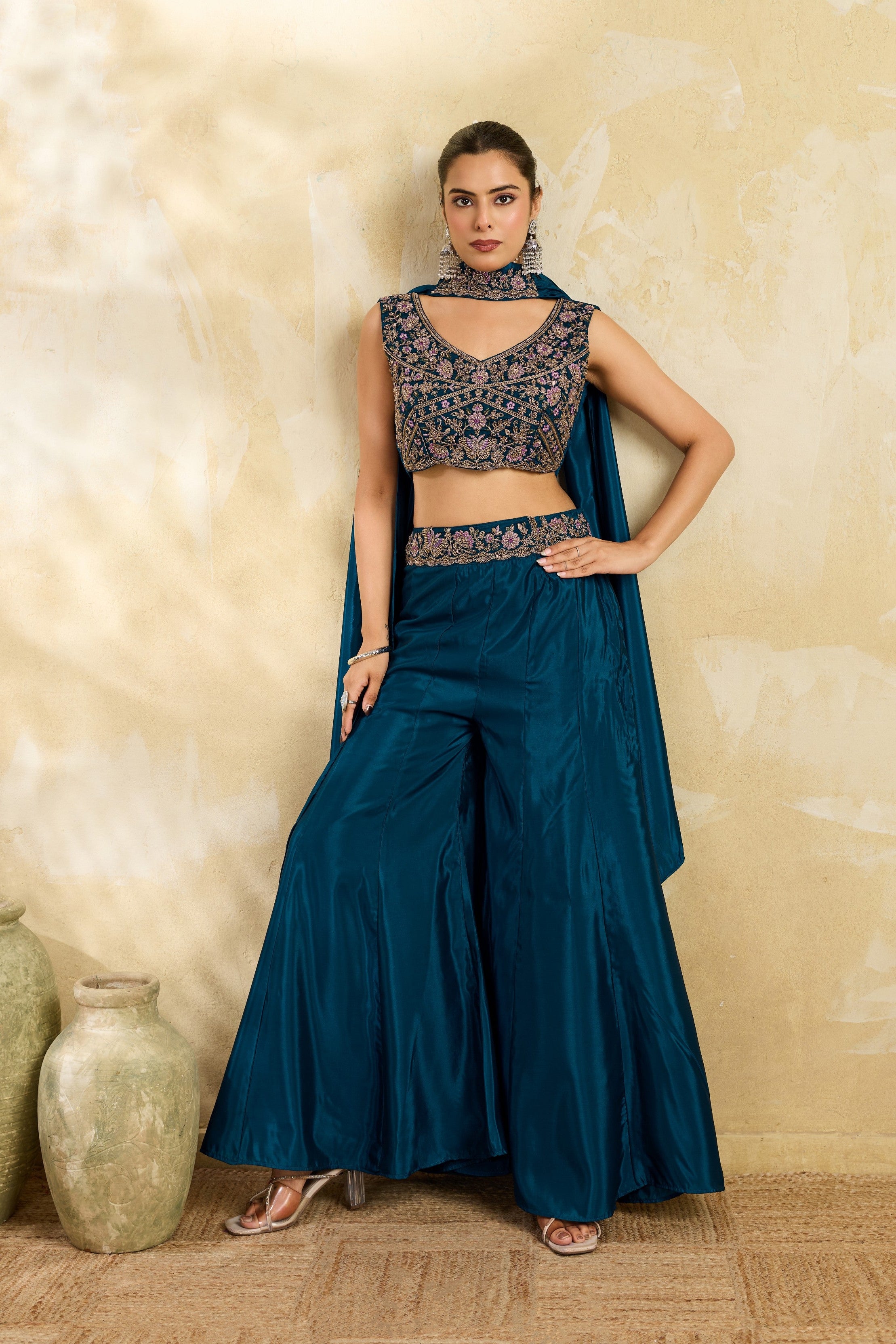 Teal Blue Embellished Premium Silk Palazzo Set