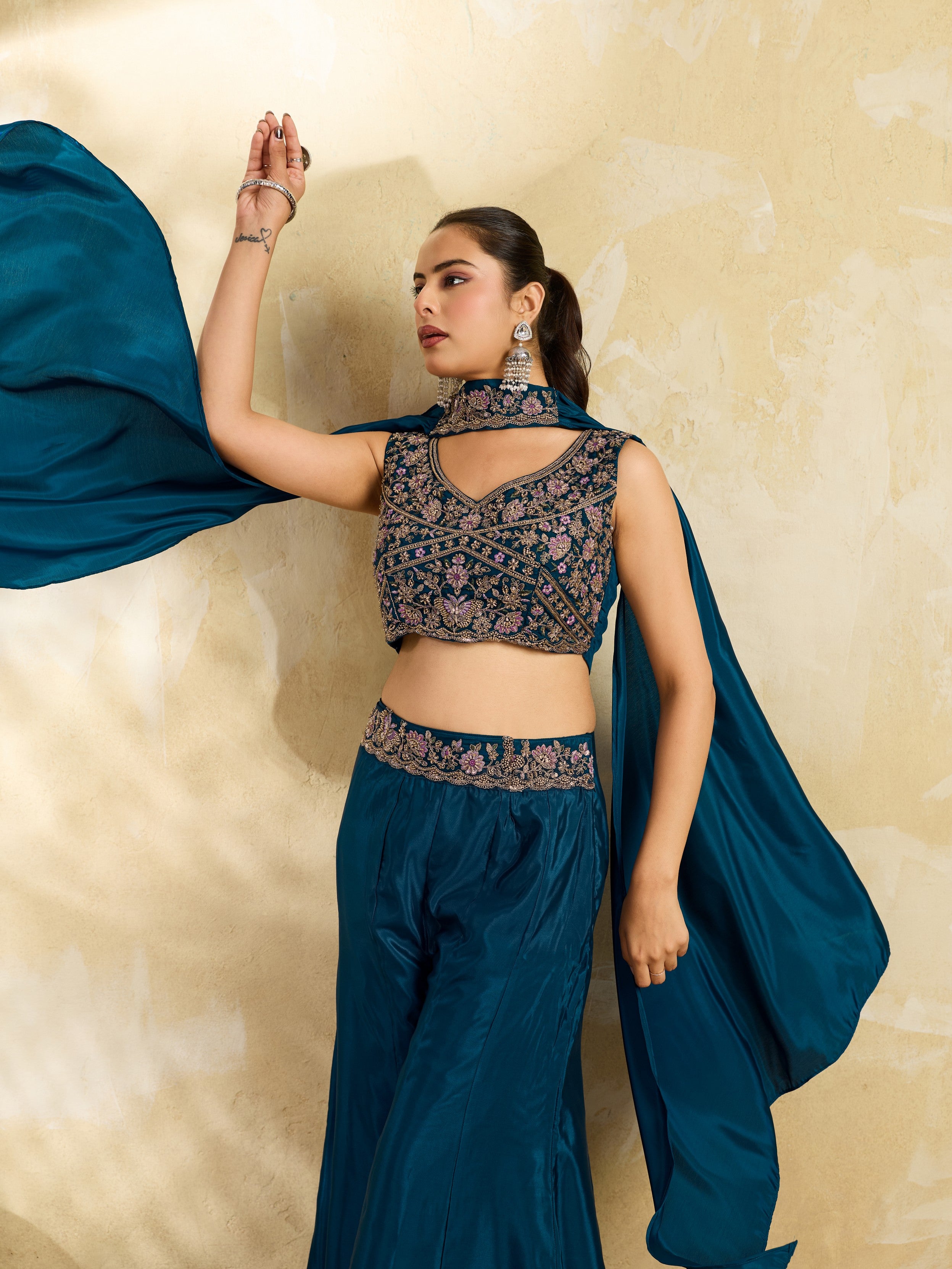 Teal Blue Embellished Premium Silk Palazzo Set
