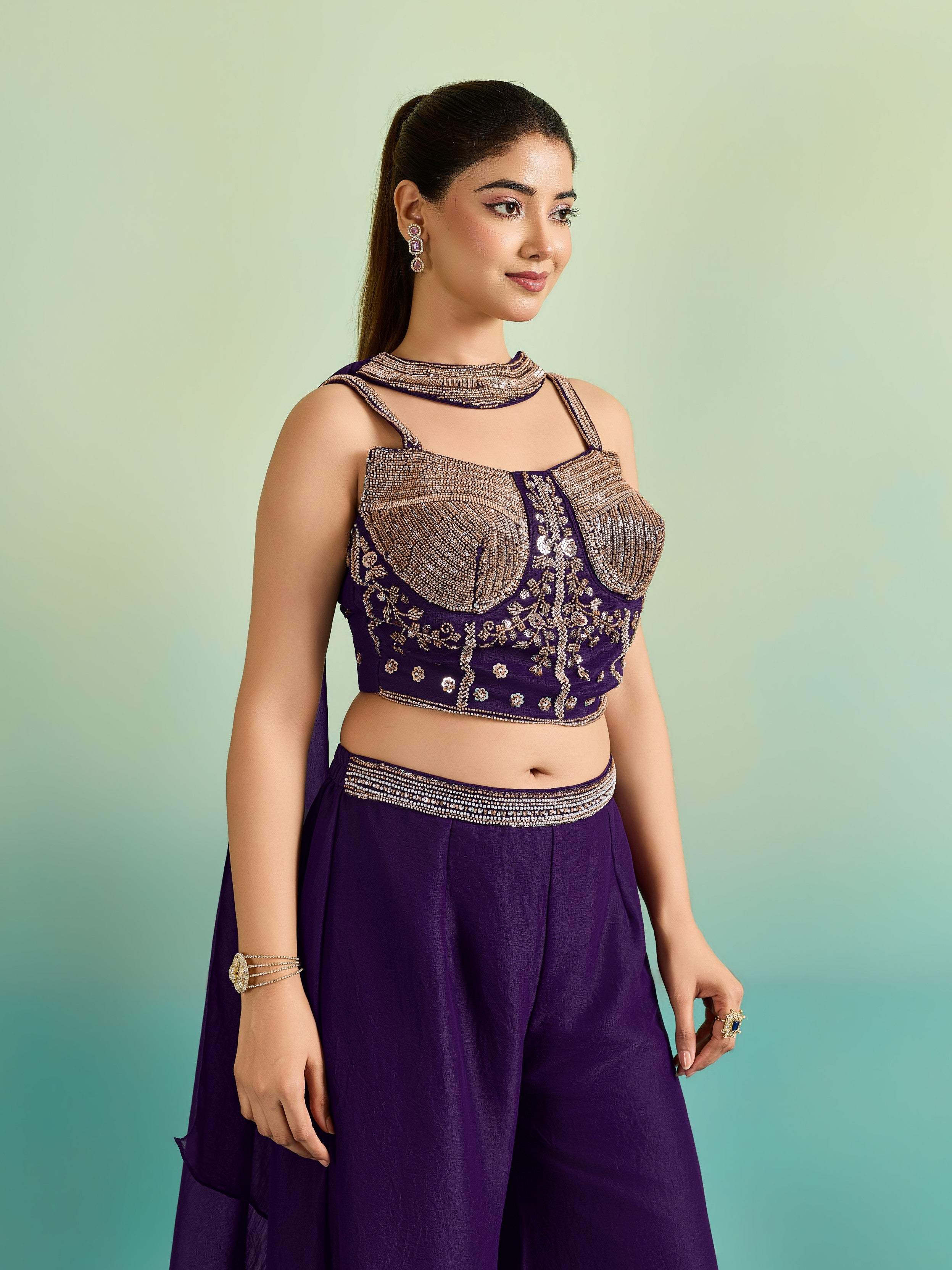 Deep Purple Embellished Chinon Silk Palazzo Set