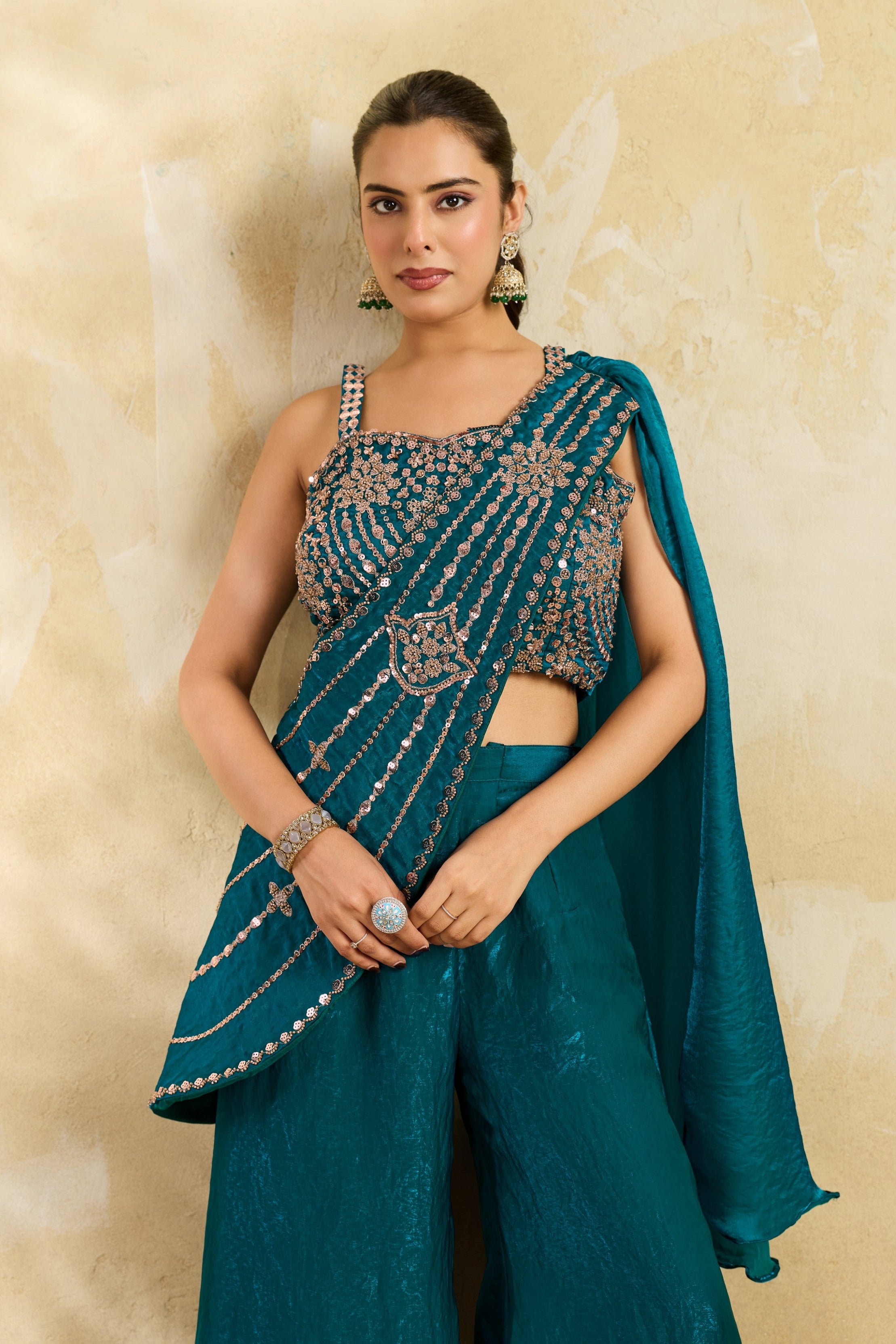 Teal Blue Embellished Organza Silk Draped Palazzo Set