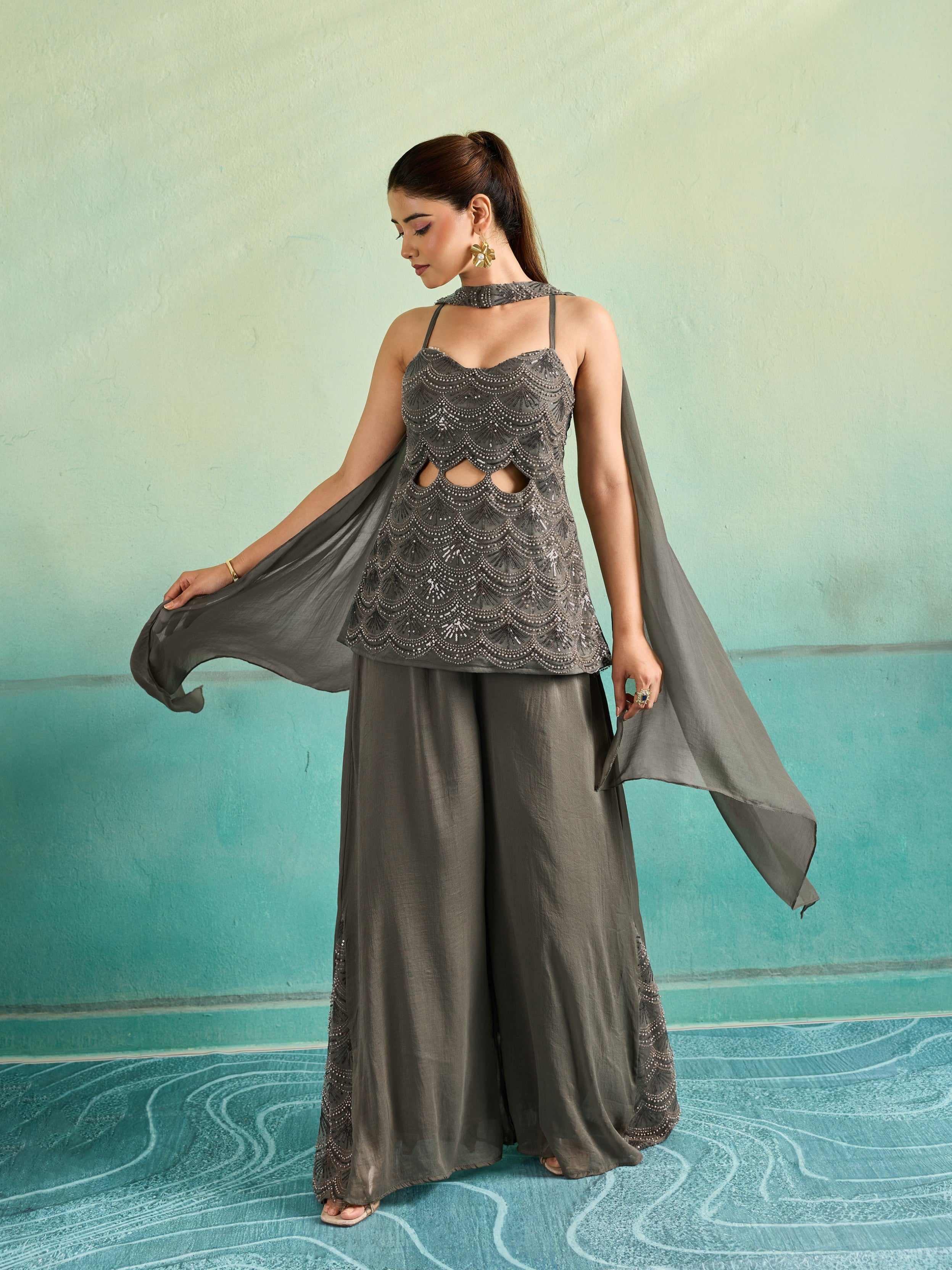 Grey Embellished Chinon Silk Palazzo Set