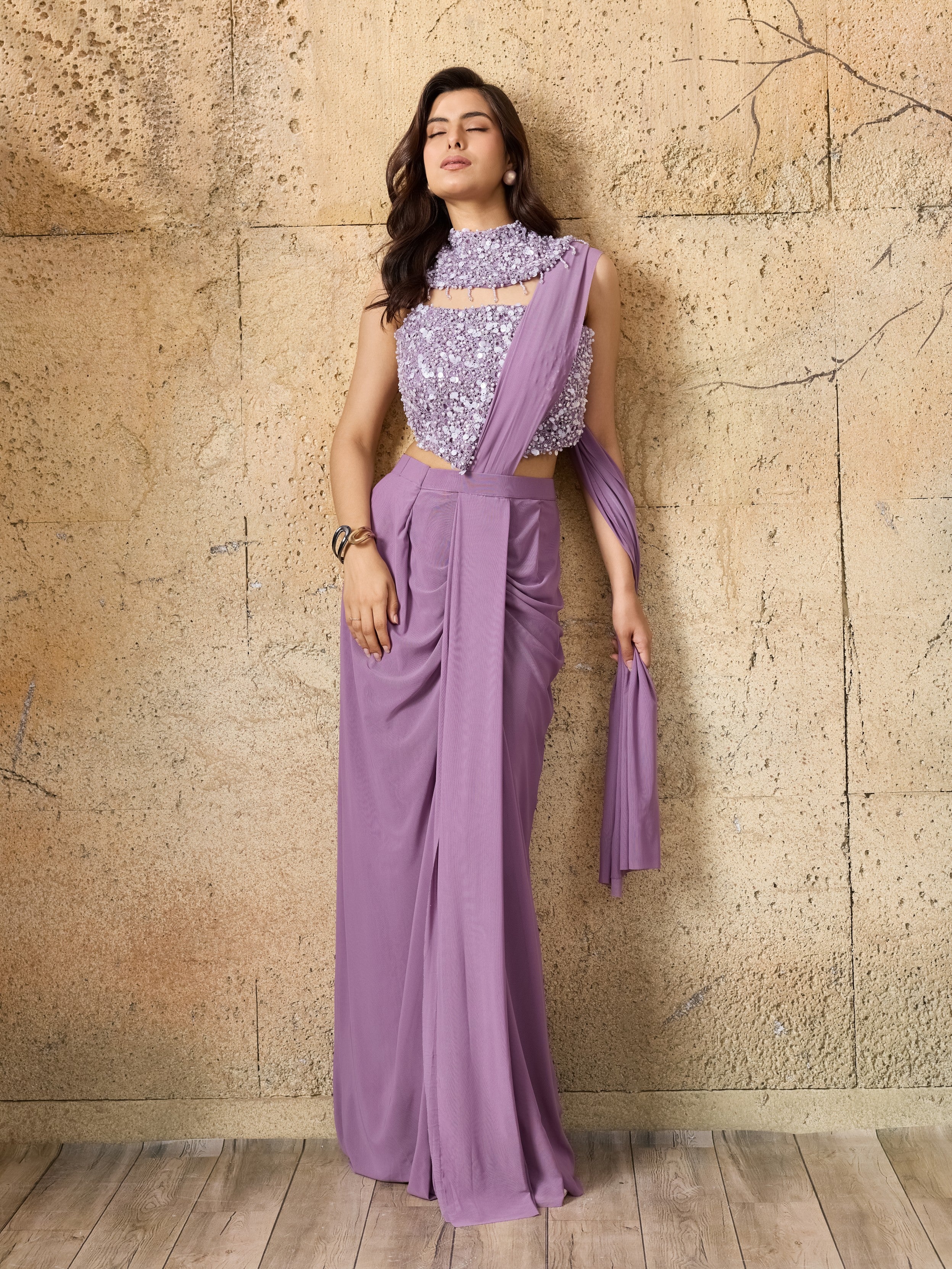 Soft Lilac Embellished Pre-Draped Net Saree