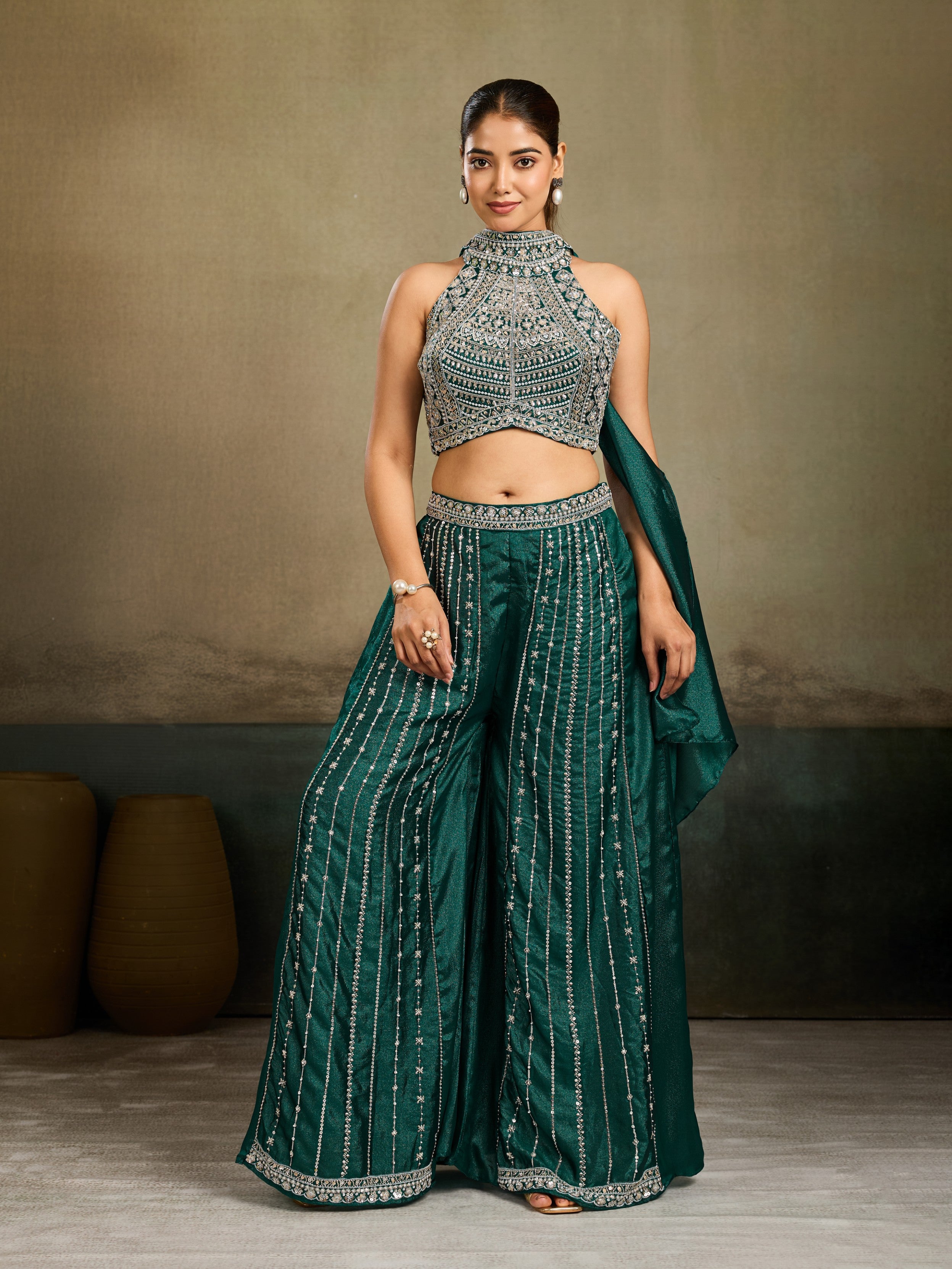 Emerald Green Embellished Shimmer Silk Palazzo Set