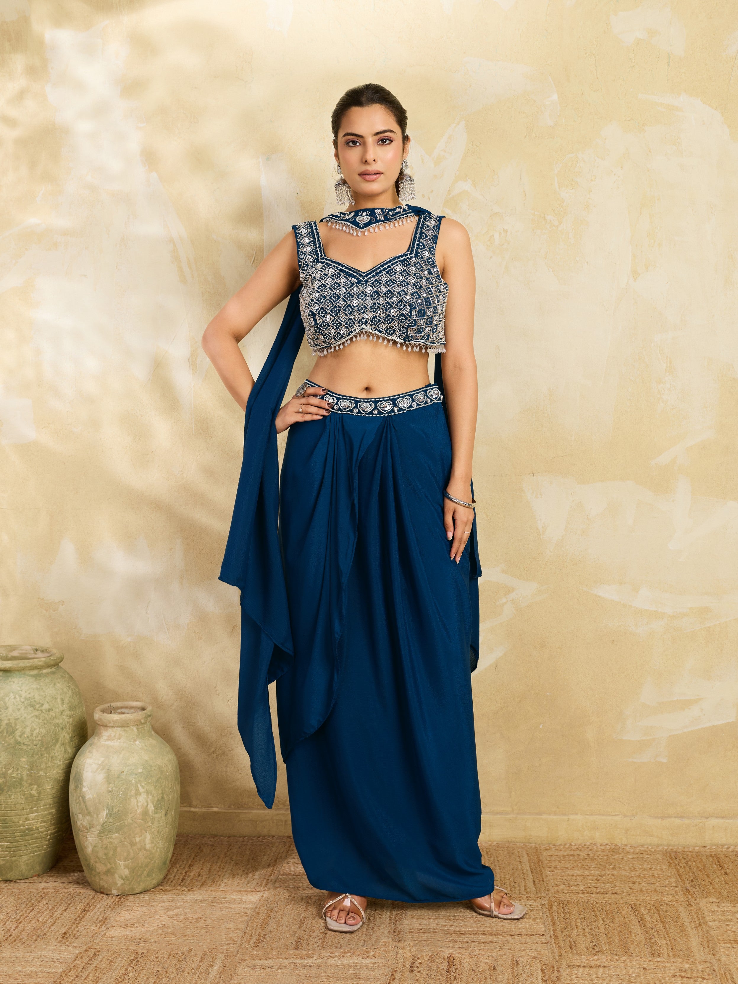 Rich Blue Embellished Chinon Silk Skirt Set