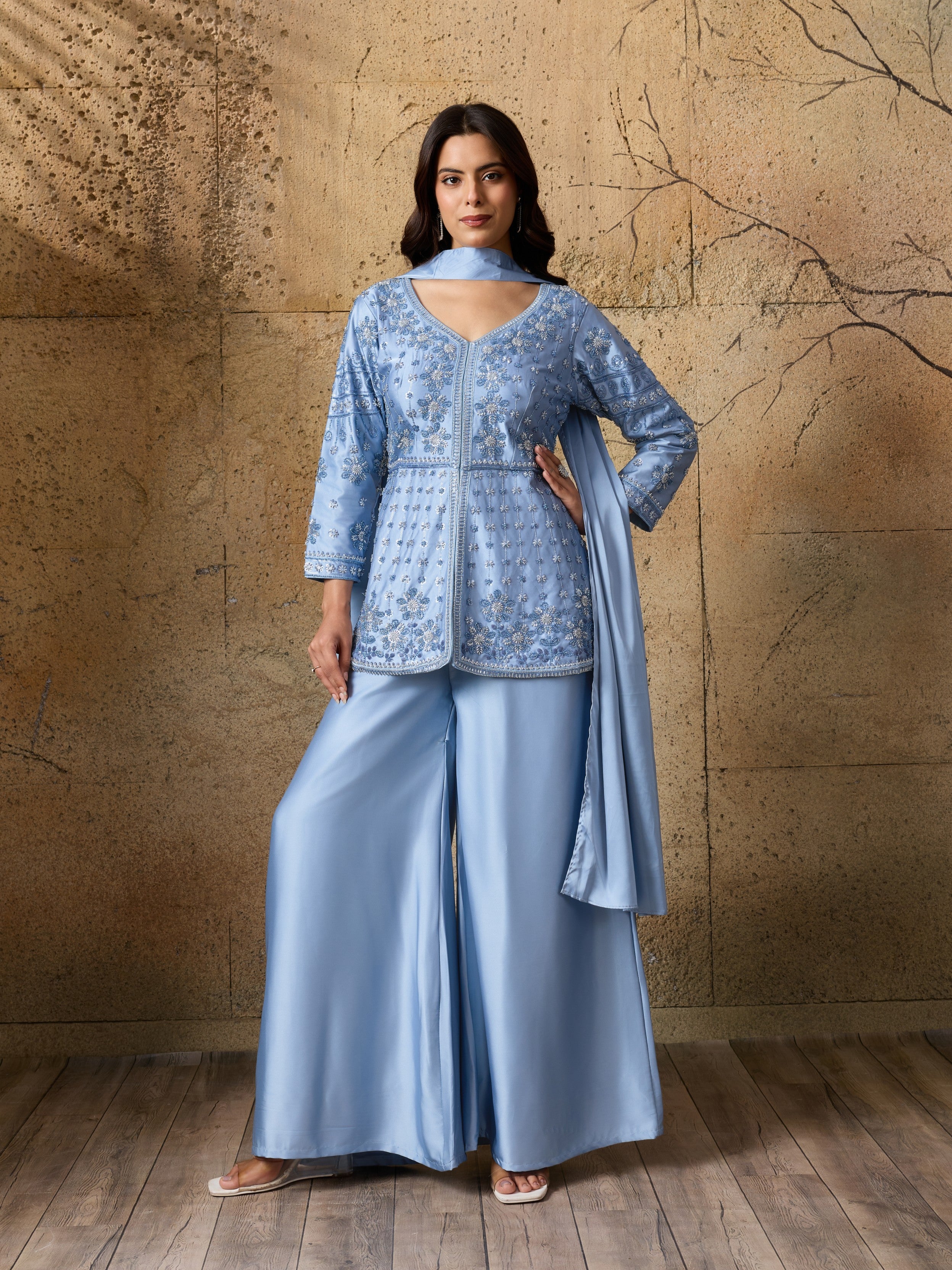 Powder Blue Embellished Satin Silk Palazzo Set